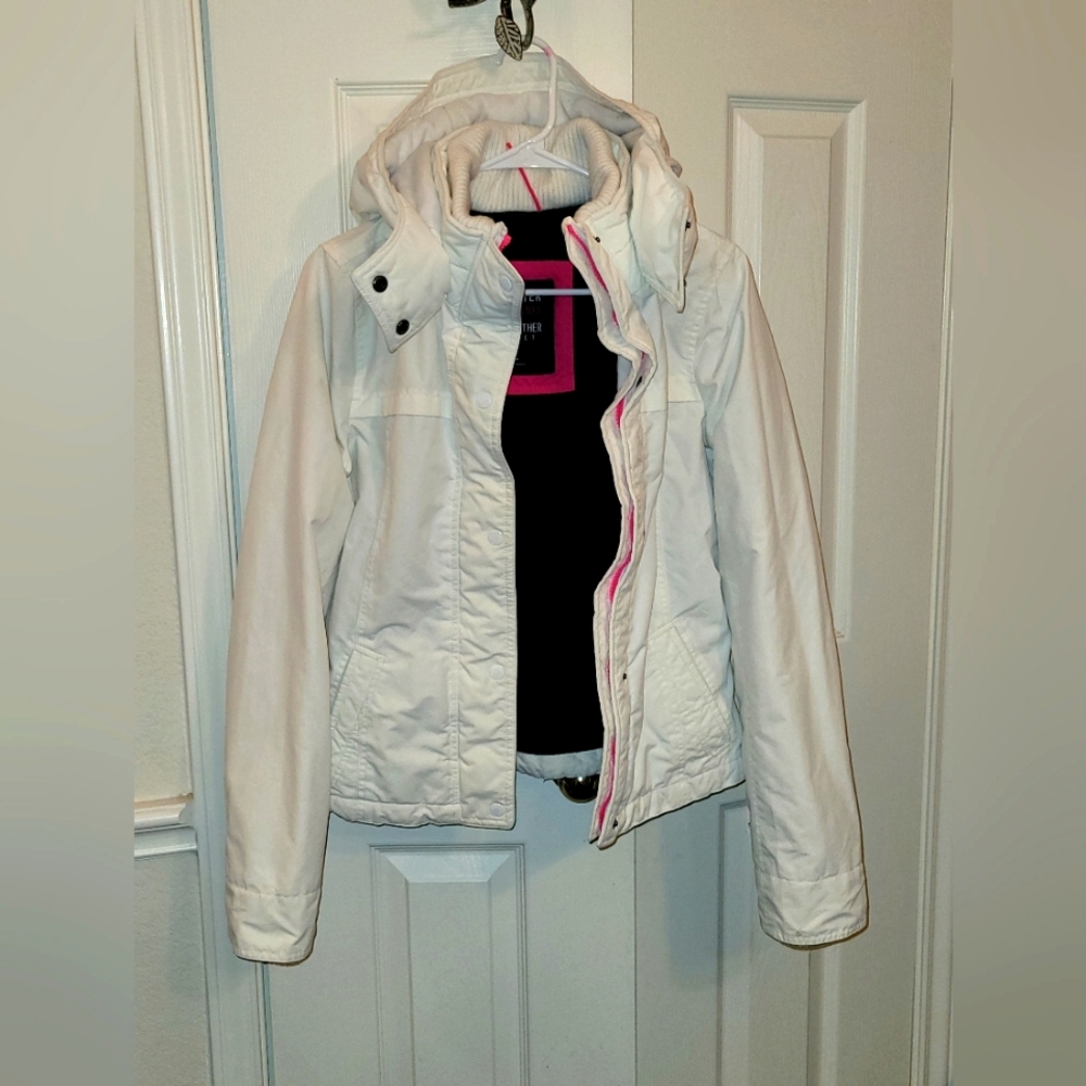 Hollister White Puffer Jacket with Pink Accents